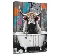 LZIMU Divertenti animali da parete per il bagno mucca delle Highland nella vasca da bagno Quadri su tela WC graffiti opere d'arte moderna (Quadri-2, (30.00 x 45.00 cms))