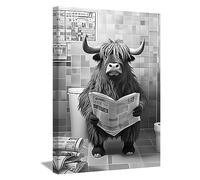 LZIMU Divertenti Stampe su Tela per Bagno Mucca delle Highland Seduto sul Water Leggendo Il Giornale Quadri Decorazione da Parete con Animali in Bianco e Nero Incorniciato(1,30x45cm)