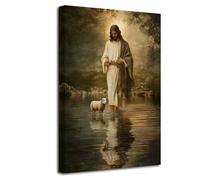LZIMU Gesù che cammina sull'acqua Gesù e l'agnello Immagine Storie della Bibbia cristiana Pittura Spirito religioso Fede Tela Opera d'arte biblica Decorazione per la casa ((45L x 30l cm))