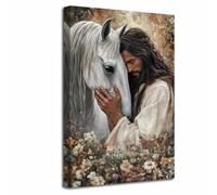 LZIMU Gesù e cavallo bianco Immagini spirituali cristiane Fede religiosa Tela Vintage Cavallo Dipinto Cristo Dio Poster Opera d'arte Decorazione per la casa (Marrone, (105L x 70l cm))