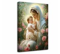 LZIMU Immagini cattoliche della Vergine Maria Madre Maria che tiene in braccio Gesù Bambino Dipinto di rose rosa Madonna Tela Opera d'arte religiosa cristiana Decorazione (Verde, (90L x 60l cm))
