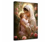 LZIMU Immagini cattoliche della Vergine Maria Madre Maria che tiene in braccio Gesù Bambino Dipinto di rose rosa Madonna Tela Opera d'arte religiosa cristiana Decorazione (Marrone, (45L x 30l cm))