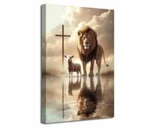 LZIMU Leone e Agnello Cristo Croce Quadro Religioso Animali Tela Leone di Giuda Dipinto Cristiano Spirituale Poster Arredamento Casa Ufficio (Grigio, (105L x 70l cm))