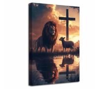 LZIMU Leone e Agnello Cristo Croce Quadro Religioso Animali Tela Leone di Giuda Dipinto Cristiano Spirituale Poster Arredamento Casa Ufficio (Nero, (105L x 70l cm))