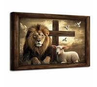 LZIMU Leone e Agnello Croce Cristiana Quadro Leone di Giuda Tela Colomba della Pace Dipinto Fede Religiosa Opera d'Arte Vintage e l'Ufficio ((50L x 75l cm))