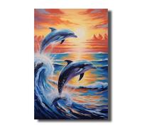 LZIMU Stampe su tela Delfino che salta al tramonto Quadri ad acquerello Quadri con onde dell'oceano per l'arredamento della camera da letto dei bambini (Quadri-4, (50.00 x 75.00 cms))