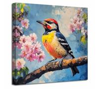 LZIMU Uccelli e fiori su tela Immagini di uccelli rustici Stampe Grazioso uccello seduto sul ramo di un albero Dipinti Natura Fiore Botanico Poster Fattoria Vivaio (Blu, (45L x 45l cm))