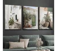 LZJAGXX Mediterranean Olive Tree Canvas Wall Art, Island Landscape Vertical Triptych Painting Artwork for Living Room Home Decor(30x50cmx3/Frameless)