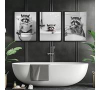 LZJAGXX Procione in bianco e nero, stampe e quadri su tela per bagno, simpatici poster di animali per l'arredamento del soggiorno (30x40cmx3/cornice interna)