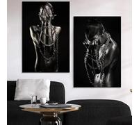 LZJAGXX Quadro su tela con donne africane, ragazza nera, poster e stampe, immagine artistica da parete scandinava per la decorazione della casa, soggiorno, murale, 60x90cmx2, cornice interna