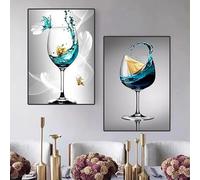 LZJAGXX Quadro su tela con farfalla in vetro di vino blu, moderno, astratto, con calice e barca, poster e stampe, decorazione da parete per la cucina (40x60cmx2/cornice interna)