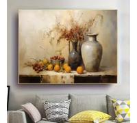 LZJAGXX Stampa artistica su tela con design moderno di vaso e barattolo di frutta astratto in toni caldi, elegante decorazione da parete con natura morta per soggiorno (30x50 cm/cornice interna)