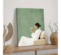 LZJAGXX Stampa su tela moderna e minimalista - Donna elegante in abito bianco che sorseggia un caffè sul divano. Immagini estetiche per la casa (40x60 cm/senza cornice).