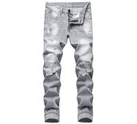 LZLER Jeans strappati da uomo, effetto invecchiato, vestibilità aderente, gamba dritta, pantaloni in denim con fori, Grigio Chiaro 870, 48