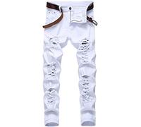 LZLER - Jeans strappati da uomo, in denim, con fori - Bianco - 46