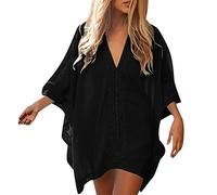 LZPCarra Camicia da spiaggia da donna in cotone - Cover Up abito da spiaggia, camicetta bohémien, taglie grandi, poncho da spiaggia, scollo a V, abito estivo, Nero , L