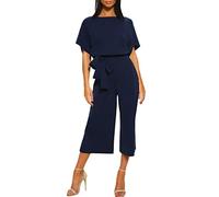 LZPCarra Tuta da donna elegante a maniche corte, pantaloni da donna, colore nero, elegante, tuta estiva con cintura, girocollo, tuta estiva, Blu marino, XL