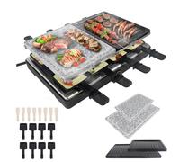 LZQ Griglia per raclette per 8 persone, griglia elettrica da tavolo, piastra antiaderente con 8 padelle e spatola per legno, 2 piastre in granito e piastra antiaderente da 1400 W
