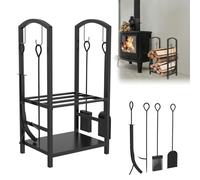 LZQ Set di 5 scaffali per legna da ardere, 2 ripiani, per interni ed esterni, in metallo, con 4 attrezzi per camino, stufa, 40 x 38 x 75 cm, colore: nero