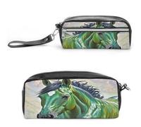 LZQPOEAS Astuccio per penne con cavallo verde, borsa per cosmetici in pelle PU, astuccio piccolo e morbido per il trucco, con cerniera, porta pennelli da trucco impermeabile, per donne e uomini