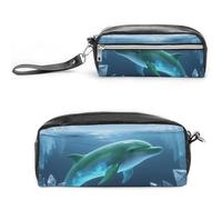 LZQPOEAS Astuccio per penne e trucchi con delfino e luna, in pelle PU, astuccio piccolo e morbido per il trucco, con cerniera, impermeabile, porta pennelli da trucco per donne e uomini