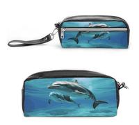 LZQPOEAS Astuccio per penne e trucchi con delfino marino, in pelle PU, astuccio piccolo e morbido per il trucco, con cerniera, impermeabile, porta pennelli da trucco per donne, uomini, ufficio