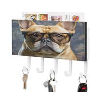 LZQPOEAS Bulldog francese che indossa occhiali da sole, supporto da parete con organizer per posta, adesivo alla moda, con 5 ganci, senza trapano, in pelle PU, organizer per chiavi, per ingresso