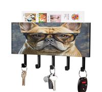 LZQPOEAS Bulldog francese che indossa occhiali da sole, supporto da parete con organizer per posta, adesivo alla moda, con 5 ganci, senza trapano, in pelle PU, organizer per chiavi, per ingresso