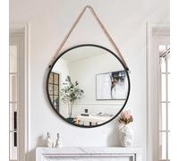 Lzuso Specchio da appendere con cerchio, decorazione da parete, specchio rotondo nero con cinghia, decorativo per bagno, camera da letto, soggiorno, ingresso, decorazione per la casa, 50 x 50 cm
