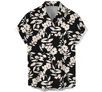 Lzzidou - Camicia hawaiana da uomo a maniche corte, con bottoni, da spiaggia, Fiore bianco e nero., XL