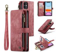 M CASEME UEEBAI - Custodia a portafoglio per iPhone 11 da 6,1 pollici, realizzata a mano, in pelle PU, con scomparti per carte di credito, chiusura magnetica, tasca con cerniera, cavalletto e