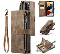 M CASEME UEEBAI,Custodia a portafoglio per iPhone 12 Pro Max 6.7", in pelle sintetica di alta qualità, fatta a mano, tasca con cerniera e cavalletto con tracolla, colore: marrone vintage