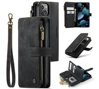M CASEME UEEBAI,Custodia a portafoglio per iPhone 13 da 6.1", realizzata a mano, in pelle PU, con scomparti per carte di credito, chiusura magnetica, con tracolla, colore: nero vintage