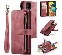 M CASEME UEEBAI,Custodia a portafoglio per Samsung Galaxy A51 4G, custodia in pelle PU fatta a mano premium slot per carte di credito, chiusura magnetica con cerniera, custodia a libro,rosso vintage