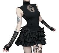 M&Catree Abito Gotico Lolita Donna Mini Abito Nero Senza Maniche con Collo Alto Punk Outfit Dark Aesthetic Halloween Cosplay