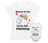 M-Italy Coppia T-Shirt Body Donna & Neonato/a - Mamma Figlio/a Buona Prima Festa della Mamma - Maglietta Maglia Pigiamino Super vestibilità Top qualità (Cotone, Bianca)