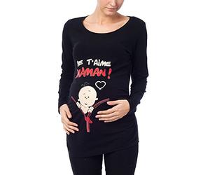 M.M.C. Je T'Aime Maman - Simpatica graziosa T-Shirt Premaman Manica Lunga per la Gravidanza (Nero, Medium)
