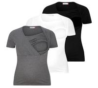 M.M.C. Maglietta da allattamento a maniche corte da donna, confezione da 3 pezzi, moda premaman e allattamento, tinta unita, 95% cotone, nero, bianco, grigio scuro, M