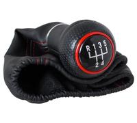 M MODECAR - Compatibile con leva del cambio Audi A3 8L 96-03 NERA + CUFFIA DEL CAMBIO NERA con CUCITURA ROSSA GHIERA ROSSA 5 MARCE per 8L0711113R,