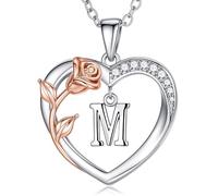 M MOOHAM Collana da donna a forma di cuore con rose, placcata in oro bianco 14 carati, con ciondolo a forma di cuore, con lettere, zirconi, per anniversario, festa della mamma, compleanno, per donne