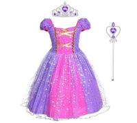 M MUNCASO Rapunzel - Vestito da principessa, con corona e bacchetta magica, per bambini, costume da cosplay, per l'estate, per feste e Halloween (5-6 anni)