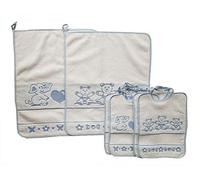 M&O Set 2 SALVIETTE + 4 BAVAGLIE BAVETTE Bavaglini con Elastico Colore Azzurro Maschio Bambino Baby NEONATO Disegno Orsetto + Elefante 100% Cotone per Asilo Nido E Scuola Materna Prodotto Italiano