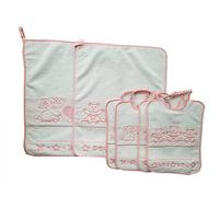M&O Set 2 SALVIETTE + 4 BAVAGLIE BAVETTE Bavaglini con Elastico Colore Rosa Femmina Bambina Baby NEONATA Disegno Orsetto + Elefante 100% Cotone per Asilo Nido E Scuola Materna Prodotto Italiano