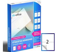 M-office Etichette Adesive A4 Compatibili con Label Printer - Fogli Adesivi, Etichette Bianche per Uso Quotidiano, Carta Adesiva Stampabile per Scrivere (2 etichette per foglio, 50 fogli)