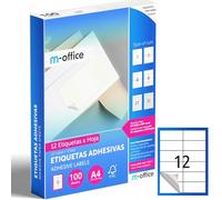 M-office Etichette Adesive A4 Compatibili con Label Printer - Fogli Adesivi, Etichette Bianche per Uso Quotidiano, Carta Adesiva Stampabile per Scrivere (12 etichette per foglio, 100 fogli)