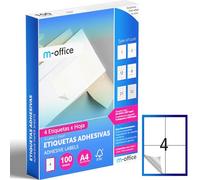M-office Etichette Adesive A4 Compatibili con Label Printer - Fogli Adesivi, Etichette Bianche per Uso Quotidiano, Carta Adesiva Stampabile per Scrivere (4 etichette per foglio, 100 fogli)