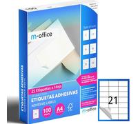 M-office Etichette Adesive A4 Compatibili con Label Printer - Fogli Adesivi, Etichette Bianche per Uso Quotidiano, Carta Adesiva Stampabile per Scrivere (21 etichette per foglio, 100 fogli)