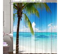 M&W DAS DESIGN Tenda da doccia mare costa tropicale palme spiaggia tessuto cielo nuvola tenda resistente alla muffa oceano blu turchese verde onde vacanze Relax incl. 12 anelli C peso inferiore 180 x
