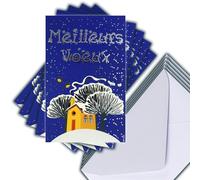M5-502 - Set di 5 carte identiche migliori auguri argentate, 13,5 x 8,5 cm + 5 buste bianche 14 x 9 cm, motivo: felice anno nuovo desiderio gennaio inverno casa e alberi sotto la neve, creato stampato