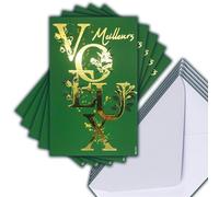 M5-510 - Set di 5 carte identiche migliori auguri in oro dorato, 13,5 x 8,5 cm + 5 buste bianche 14 x 9 cm, motivo: Felice Anno Nuovo, foglie vegetali verdi, create stampate, made in France